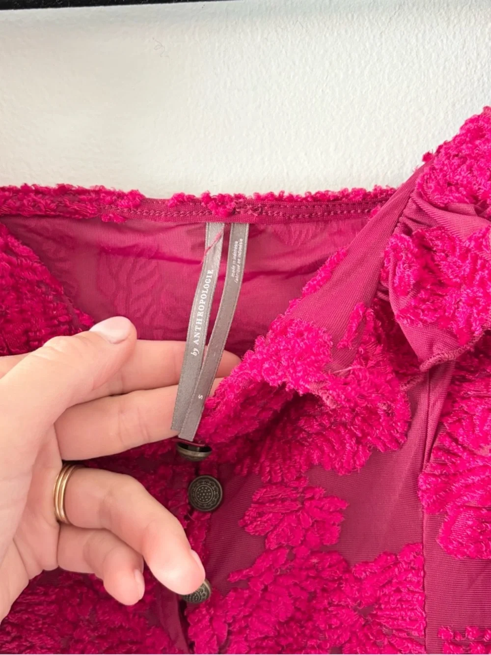 Anthropologie Velvet Burnout Peasant Top Long Sleeve Cropped Ruffle Trim Pink